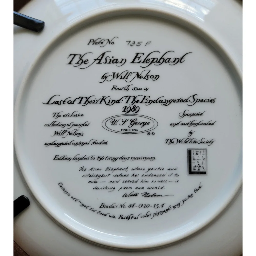 Vintage W.S. George The Asian Elephant 1989 Limited Edition Plate 735F Framed